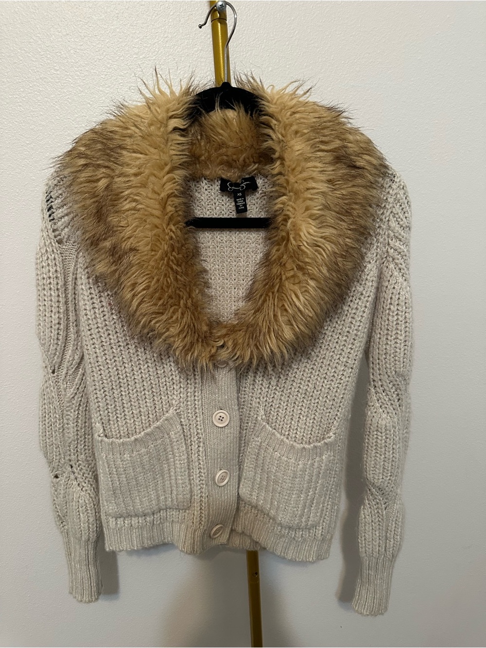 Jessica Simpson Cream Knit Cardigan with Faux-Fur Collar